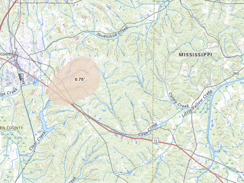 Radar-estimated hail-size map of the storm over Glen, MS on Jul 1, 2026