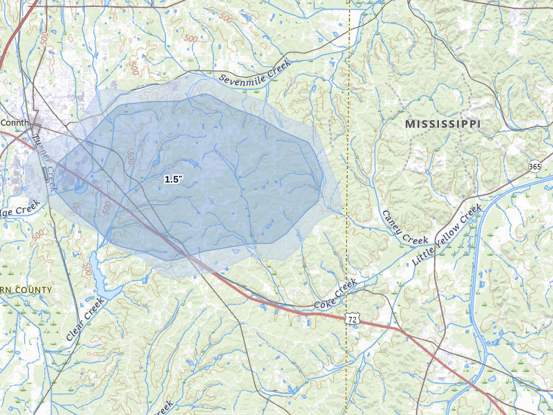 NEXRAD radar-signature map of the hail storm over Glen, MS on Jul 1, 2026