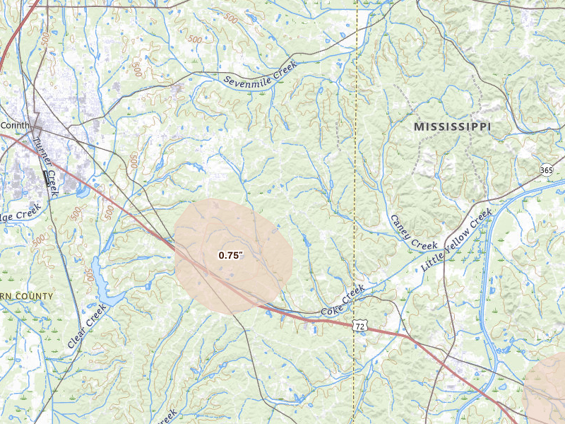 Radar-estimated hail-size map of the storm over Glen, MS on Jul 18, 2026