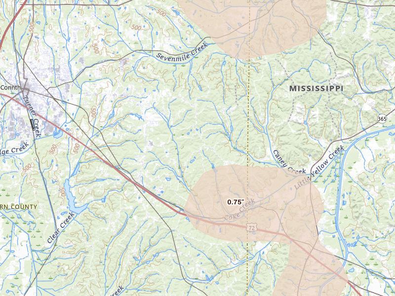 Radar-estimated hail-size map of the storm over Glen, MS on Aug 26, 2026