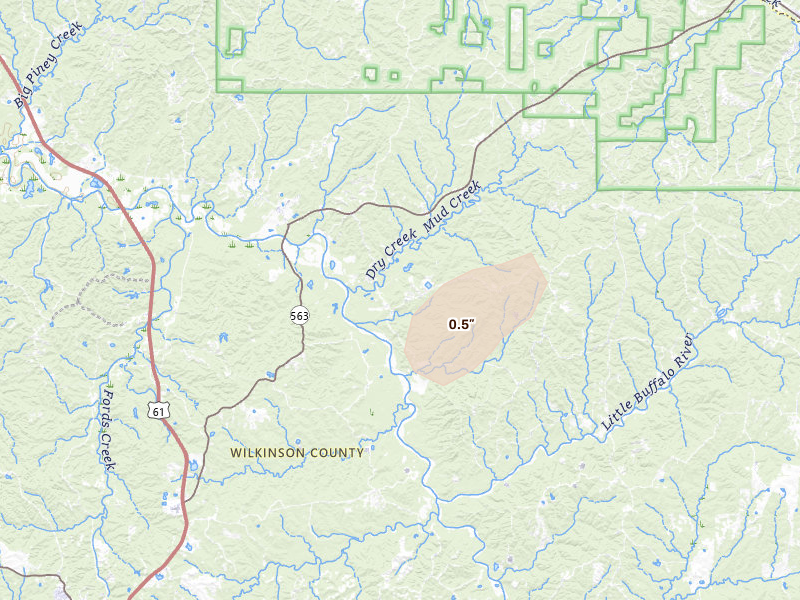 Radar-estimated hail-size map of the storm over Gloster, MS on May 22, 2026