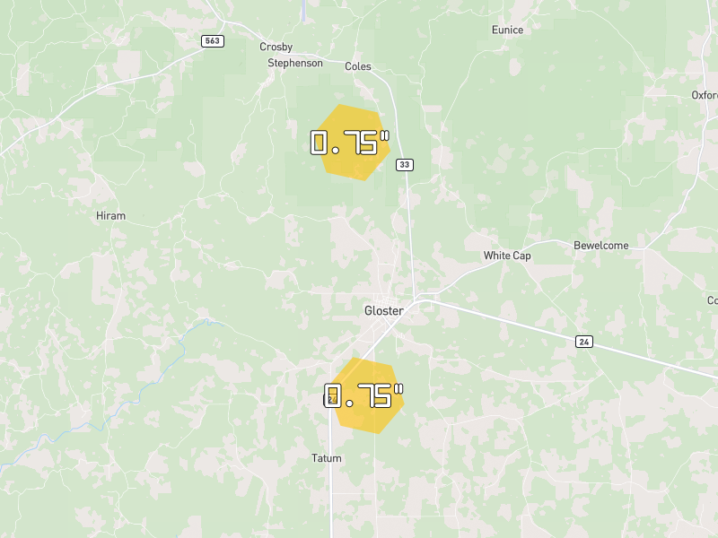 Hail map of Gloster, MS on Jul 1, 2026, hail up to 0.75"