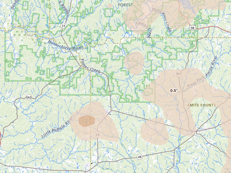 Radar-estimated hail-size map of the storm over Gloster, MS on Aug 21, 2026