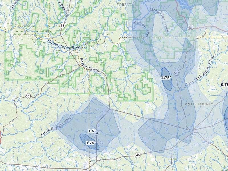 NEXRAD radar-signature map of the hail storm over Gloster, MS on Aug 21, 2026