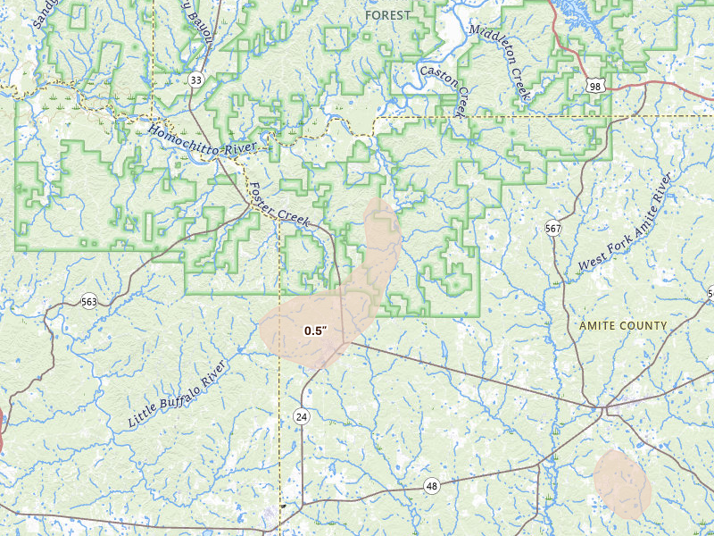 Radar-estimated hail-size map of the storm over Gloster, MS on Aug 23, 2026