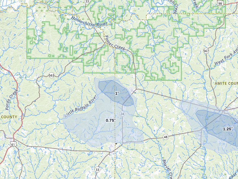 NEXRAD radar-signature map of the hail storm over Gloster, MS on Aug 23, 2026