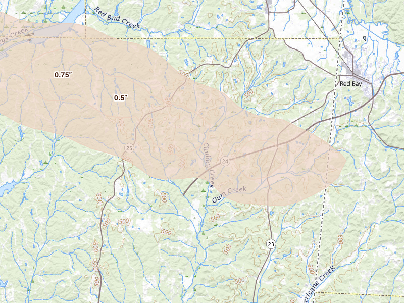 Radar-estimated hail-size map of the storm over Golden, MS on Feb 26, 2026