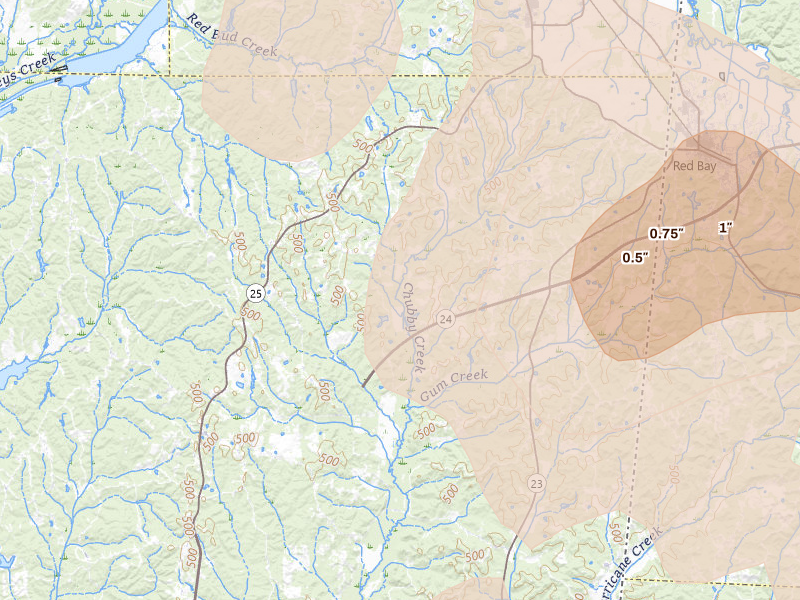 Radar-estimated hail-size map of the storm over Golden, MS on Jul 1, 2026