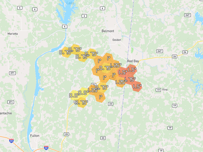 Hail map of Golden, MS on Jul 1, 2026, hail up to 1.75"