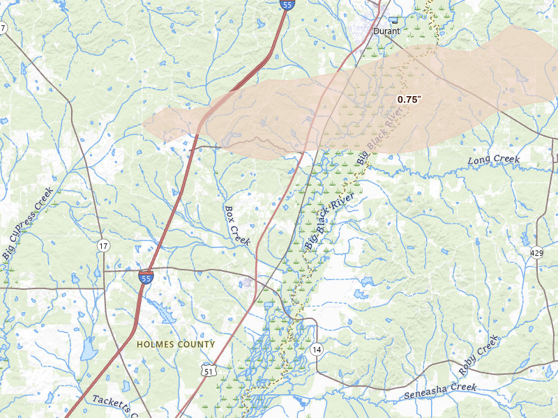 Radar-estimated hail-size map of the storm over Goodman, MS on May 8, 2026