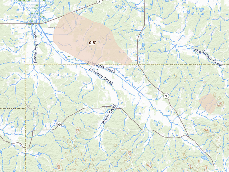 Radar-estimated hail-size map of the storm over Gore Springs, MS on Jun 19, 2026