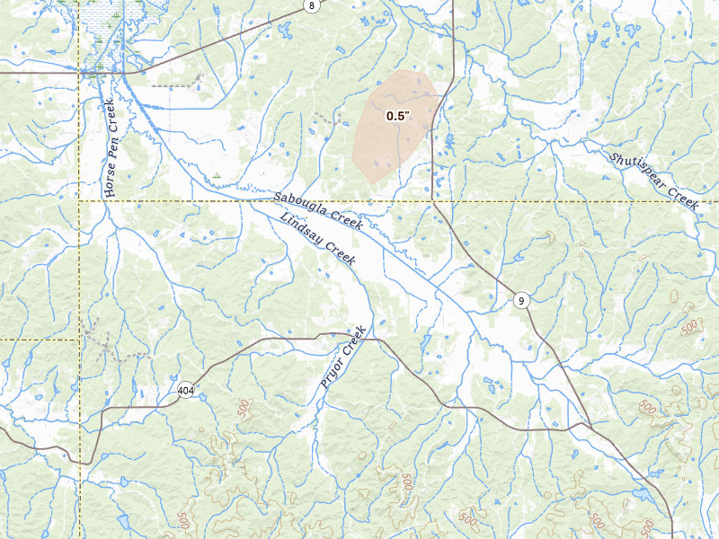 Radar-estimated hail-size map of the storm over Gore Springs, MS on Aug 9, 2026