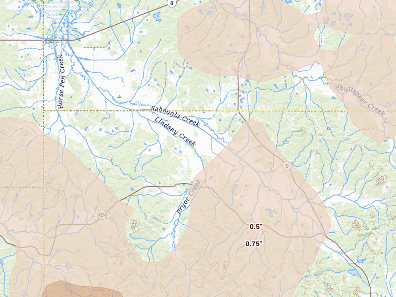 Radar-estimated hail-size map of the storm over Gore Springs, MS on Aug 20, 2026