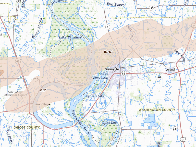 Radar-estimated hail-size map of the storm over Greenville, MS on Mar 15, 2026