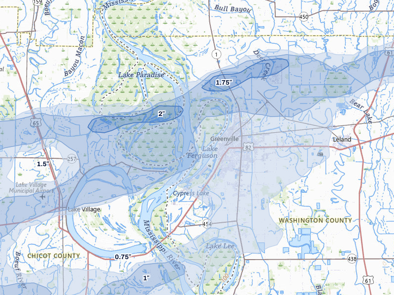 NEXRAD radar-signature map of the hail over Greenville, MS