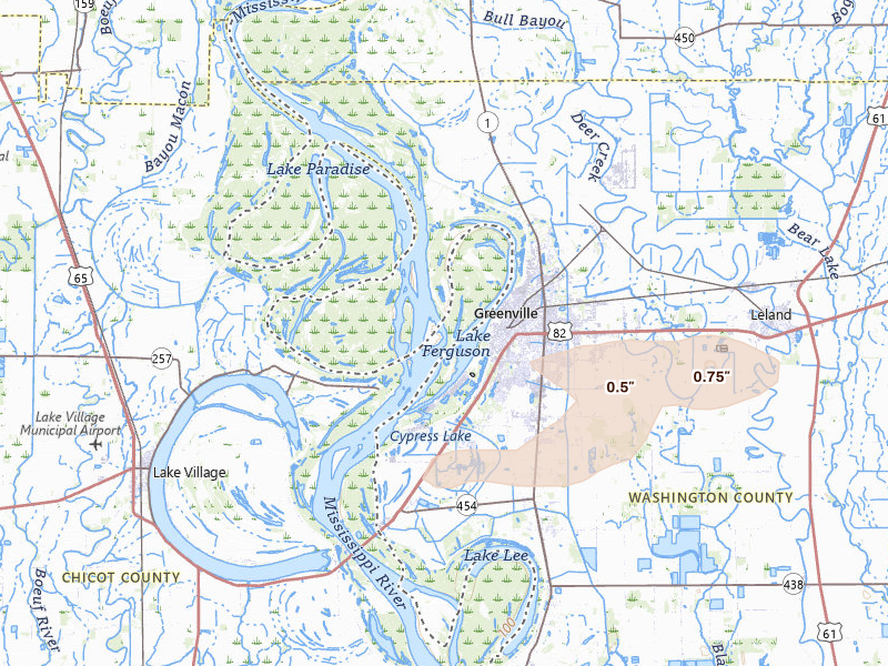 Radar-estimated hail-size map of the storm over Greenville, MS on Apr 24, 2026