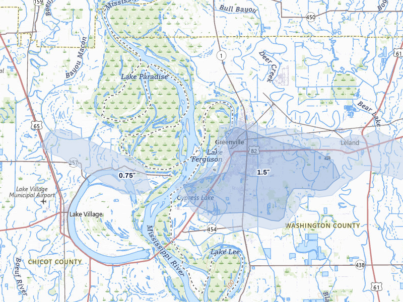 NEXRAD radar-signature map of the hail over Greenville, MS