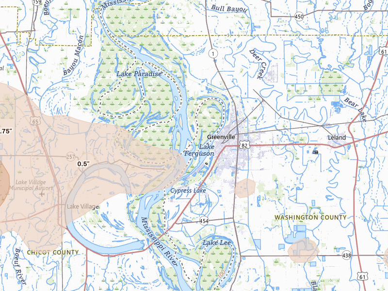Radar-estimated hail-size map of the storm over Greenville, MS on Apr 28, 2026