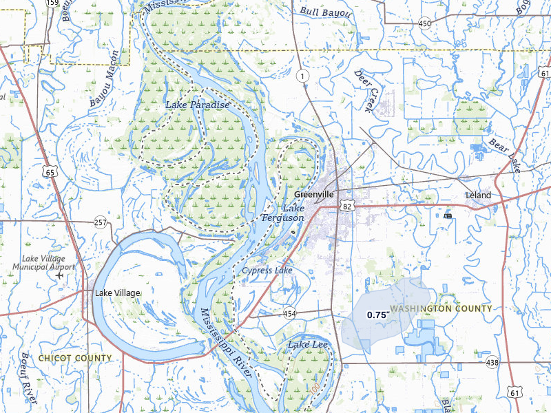 NEXRAD radar-signature map of the hail storm over Greenville, MS on Apr 28, 2026