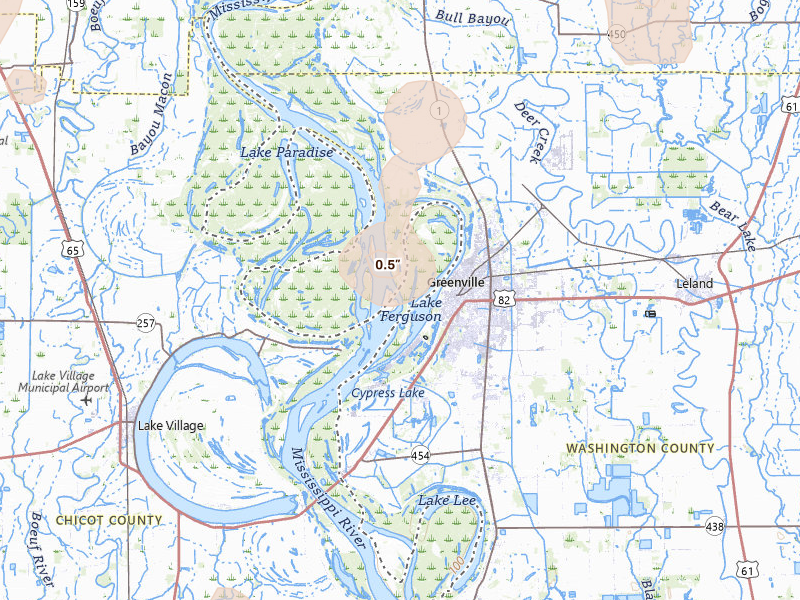 Radar-estimated hail-size map of the storm over Greenville, MS on Jun 1, 2026