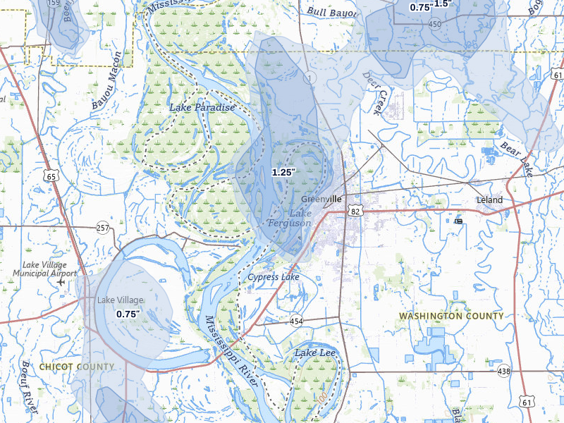 NEXRAD radar-signature map of the hail storm over Greenville, MS on Jun 1, 2026