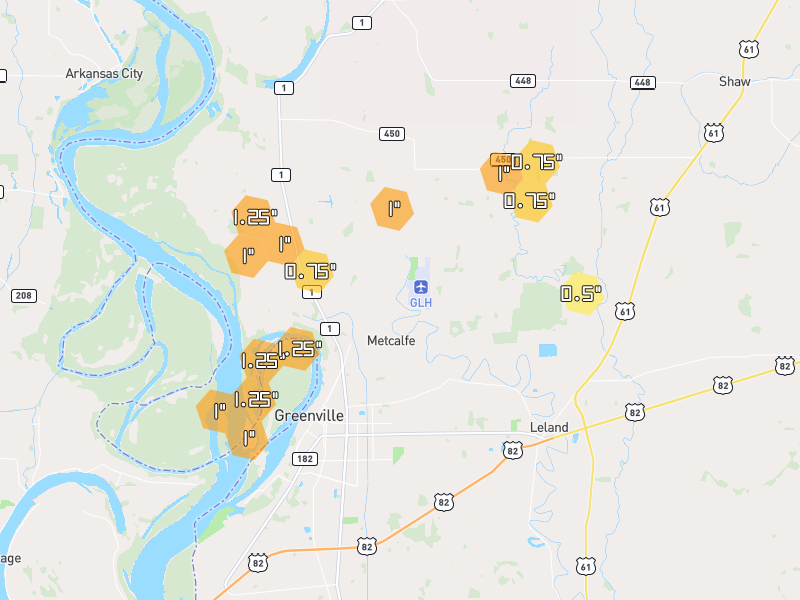 Hail map of Greenville, MS on Jun 2, 2026, hail up to 1.25"