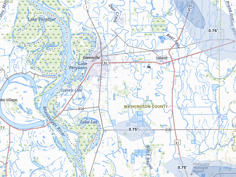 NEXRAD radar-signature map of the hail storm over Greenville, MS on Jul 1, 2026