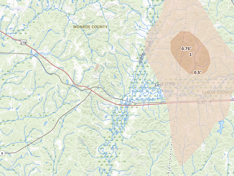 Radar-estimated hail-size map of the storm over Greenwood Springs, MS on Jul 3, 2026
