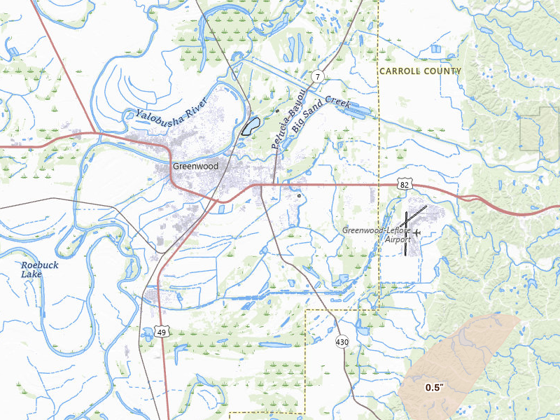 Radar-estimated hail-size map of the storm over Greenwood, MS on Mar 31, 2026