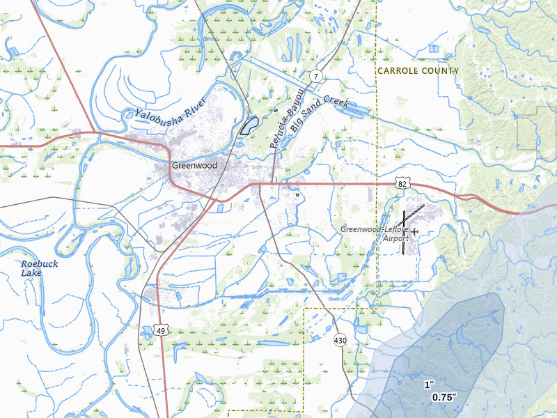NEXRAD radar-signature map of the hail over Greenwood, MS