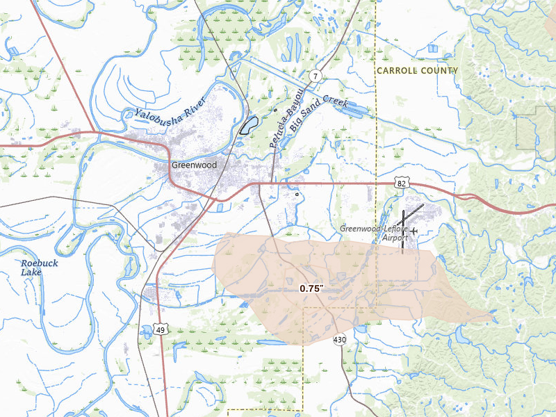 Radar-estimated hail-size map of the storm over Greenwood, MS on May 10, 2026