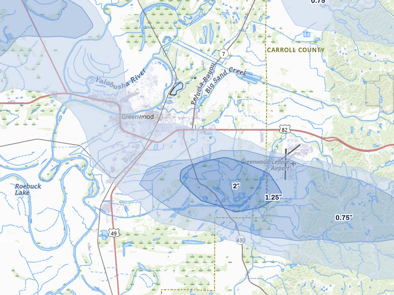 NEXRAD radar-signature map of the hail storm over Greenwood, MS on May 10, 2026