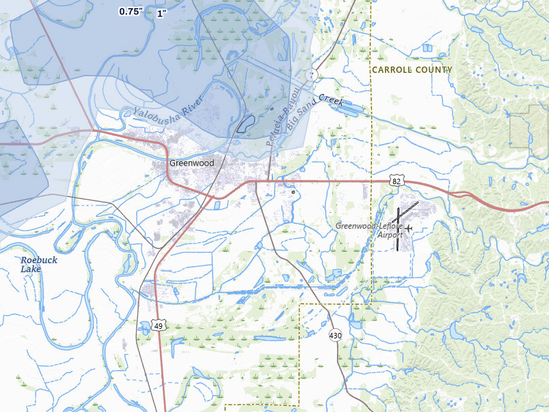 NEXRAD radar-signature map of the hail storm over Greenwood, MS on Jul 1, 2026