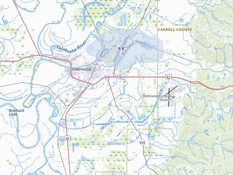 NEXRAD radar-signature map of the hail over Greenwood, MS