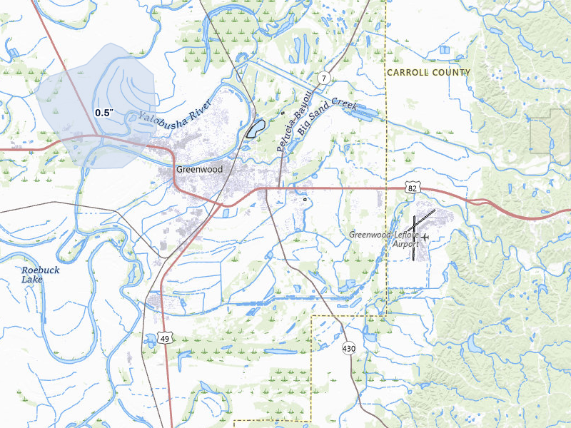 NEXRAD radar-signature map of the hail over Greenwood, MS