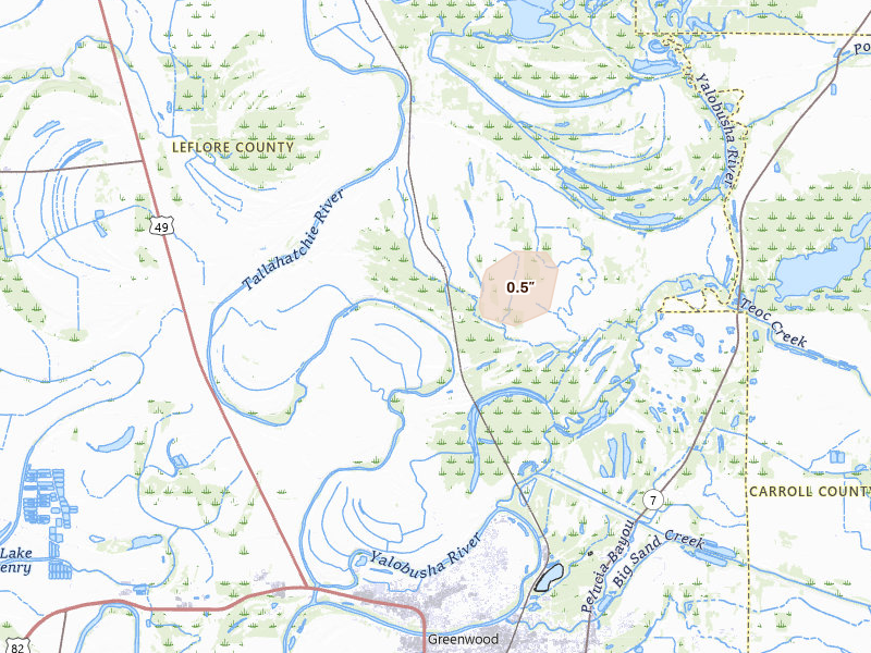 Radar-estimated hail-size map of the storm over Greenwood, MS on Aug 10, 2026