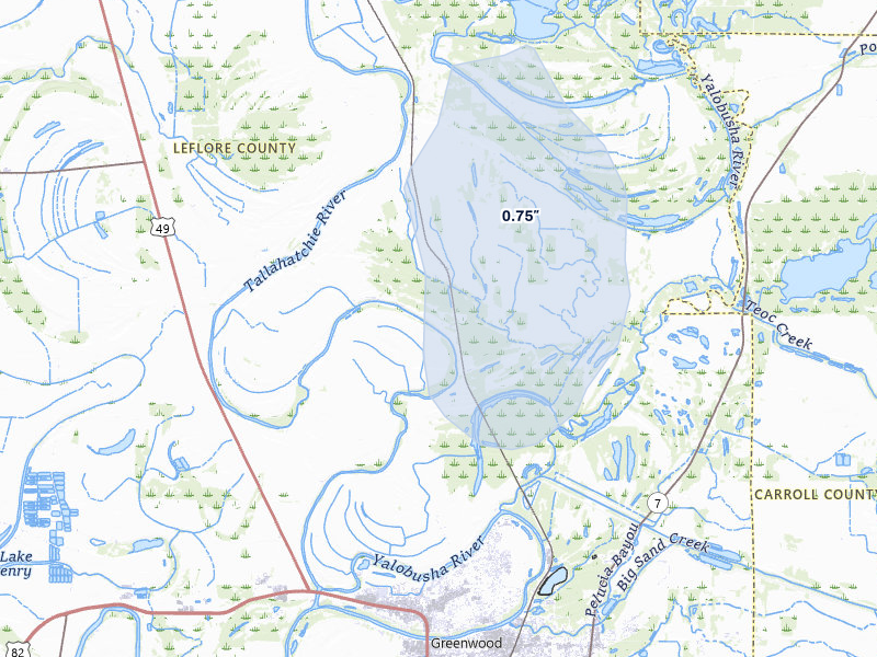 NEXRAD radar-signature map of the hail storm over Greenwood, MS on Aug 10, 2026