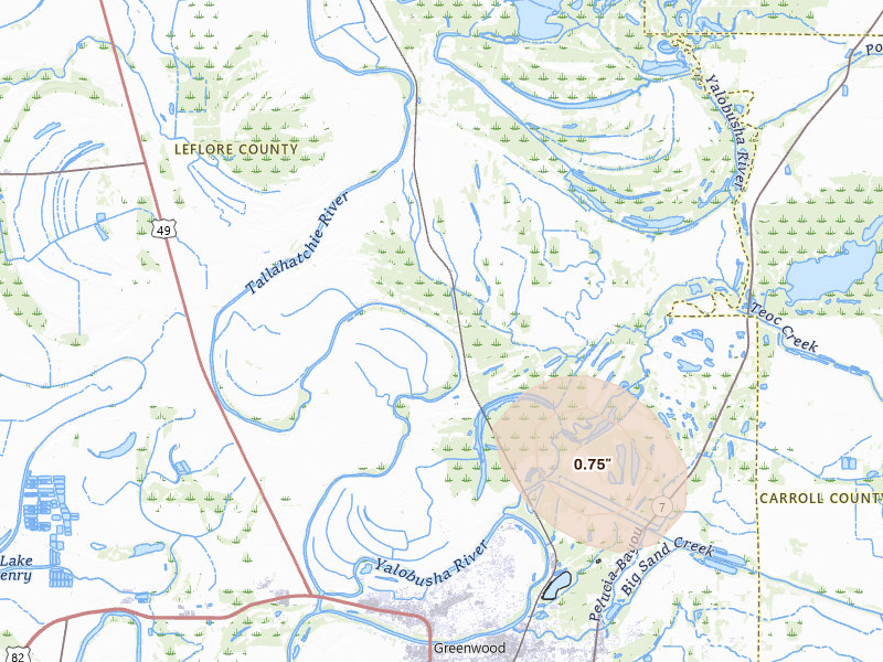 Radar-estimated hail-size map of the storm over Greenwood, MS on Aug 20, 2026