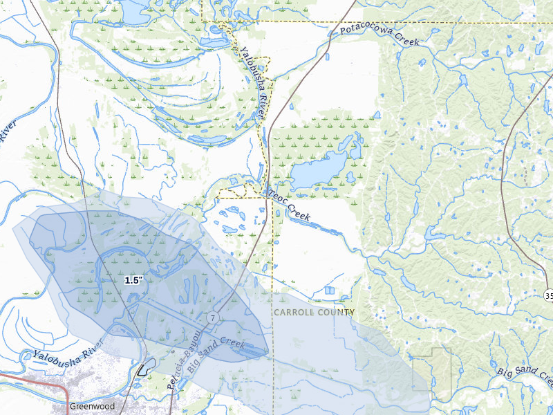 NEXRAD radar-signature map of the hail storm over Greenwood, MS on Aug 20, 2026