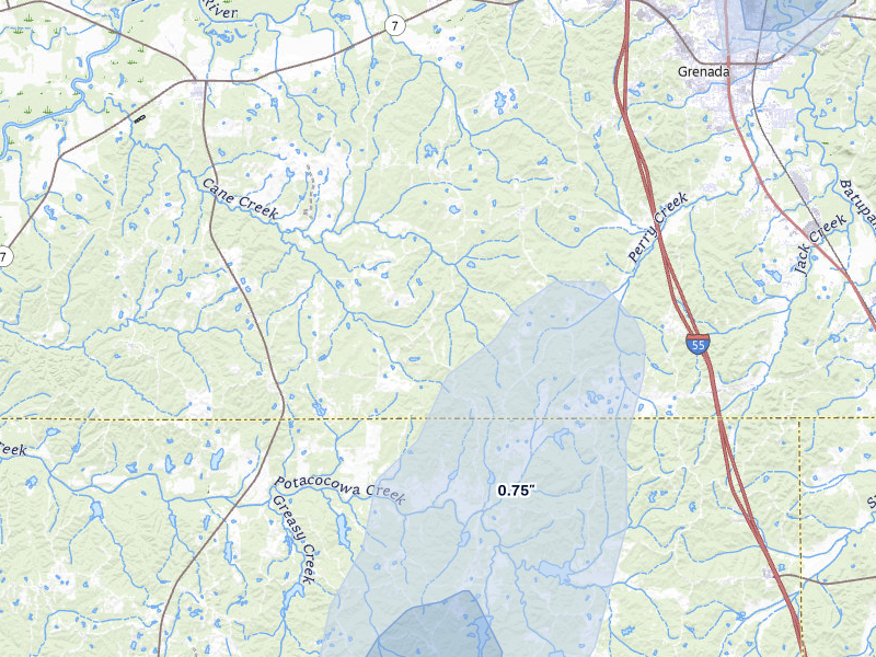 NEXRAD radar-signature map of the hail over Grenada, MS