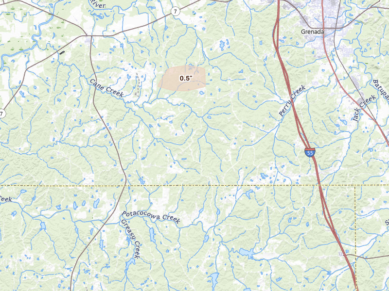 Radar-estimated hail-size map of the storm over Grenada, MS on May 10, 2026