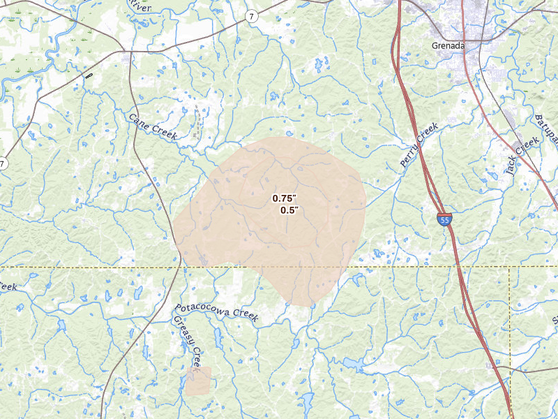 Radar-estimated hail-size map of the storm over Grenada, MS on Jun 1, 2026