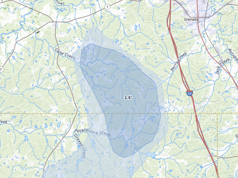 NEXRAD radar-signature map of the hail over Grenada, MS