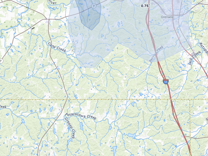 NEXRAD radar-signature map of the hail over Grenada, MS