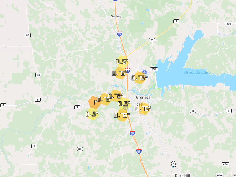 Hail map of Grenada, MS on Jul 2, 2026, hail up to 1"