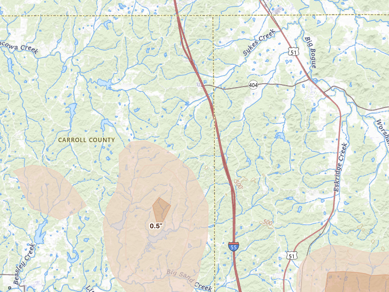 Radar-estimated hail-size map of the storm over Grenada, MS on Aug 20, 2026