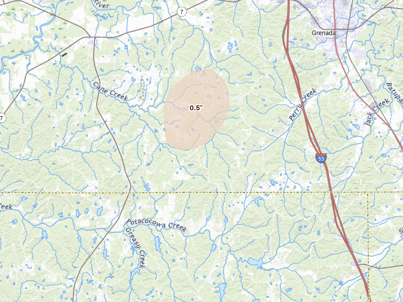 Radar-estimated hail-size map of the storm over Grenada, MS on Aug 26, 2026