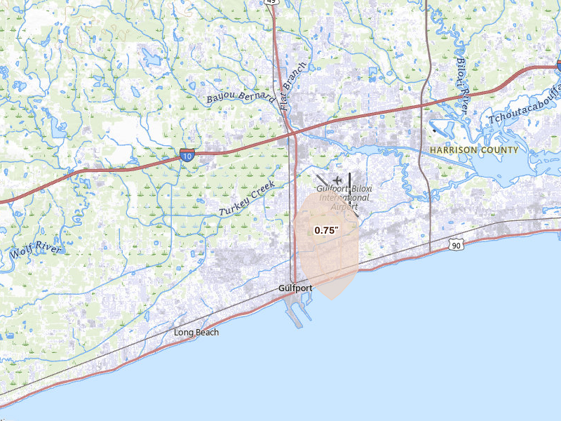Radar-estimated hail-size map of the storm over Gulfport, MS on Mar 21, 2026