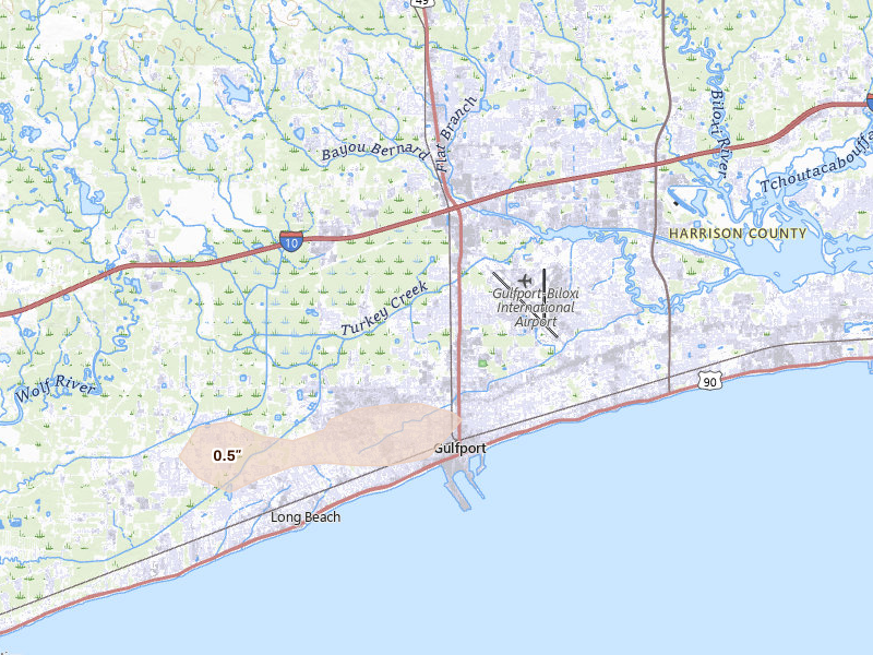 Radar-estimated hail-size map of the storm over Gulfport, MS on May 10, 2026