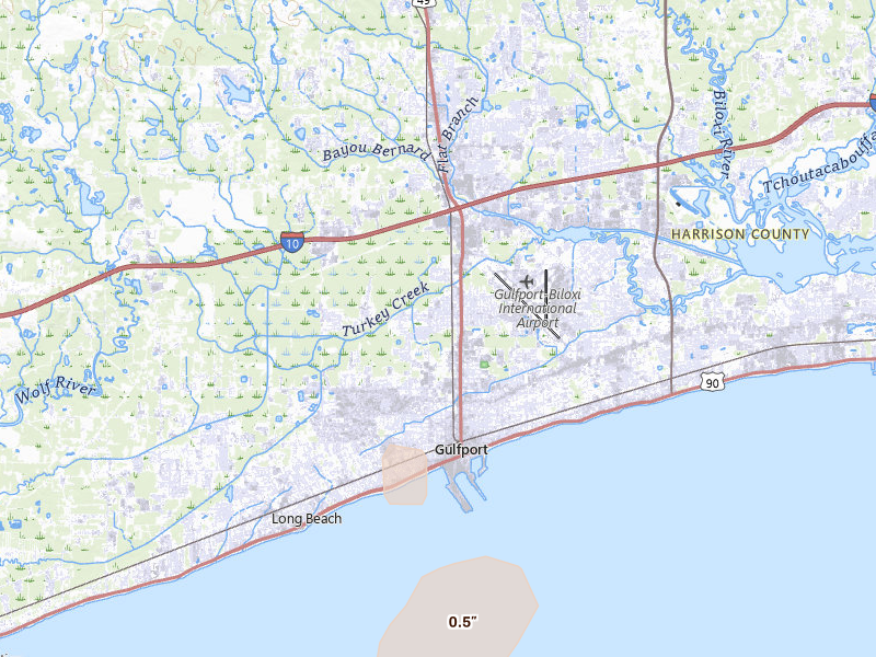 Radar-estimated hail-size map of the storm over Gulfport, MS on May 22, 2026